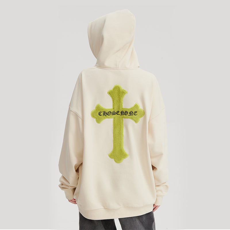 Cross Embroidery Loose Hooded Sweatshirt